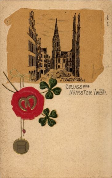 Präge Litho Münster in Westfalen, Prinzipalmarkt, Lambertikirche, Glücksklee, Hufeisen