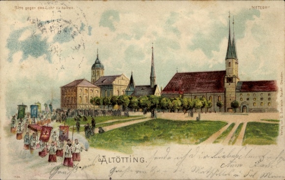 Halt gegen das Licht Litho Altötting in Oberbayern, Prozession, Hauptplatz, Kirche