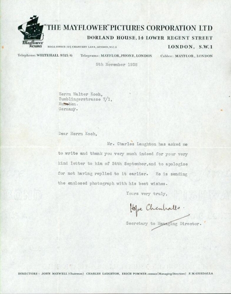 1 AK im Umschlag + Brief, Charles Laughton, The Mayflower Pictures