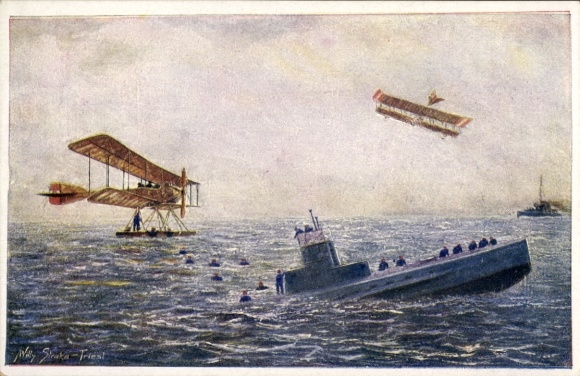 Künstler Ak Straka, Willy, Österreichisch ungarische k.u.k. Seeflugzeuge, Französ. U-Boot Foucault