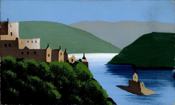 Handgemalt Ak Burg, Fluss, Hügel