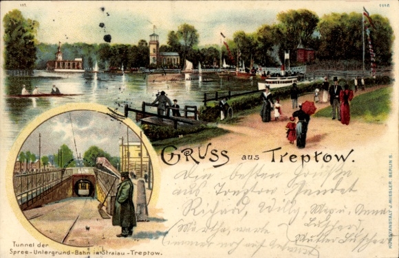 Litho Berlin Treptow, Paradies Garten, Tunnel der Spree Untergrund Bahn in Stralau
