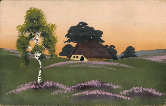 Handgemalt Ak Wohnhaus, Wiese, Birke