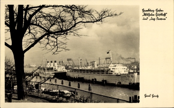 Ak Hamburg, Hafen, KdF Schiff Wilhelm Gustloff, Turbinen Schnelldampfer Cap Arcona, HSDG
