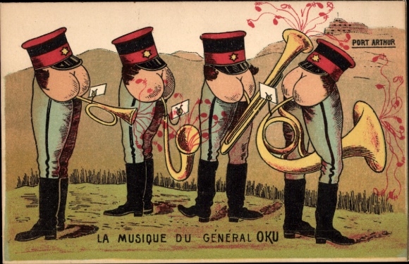 Künstler Ak Die Musik von General Oku, Port Arthur, antijapanisch, Hintern mit Blasinstrumenten