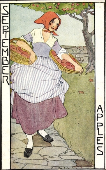 Künstler Ak Cramer, Rie, September, Allegorie, Bäuerin, Äpfel