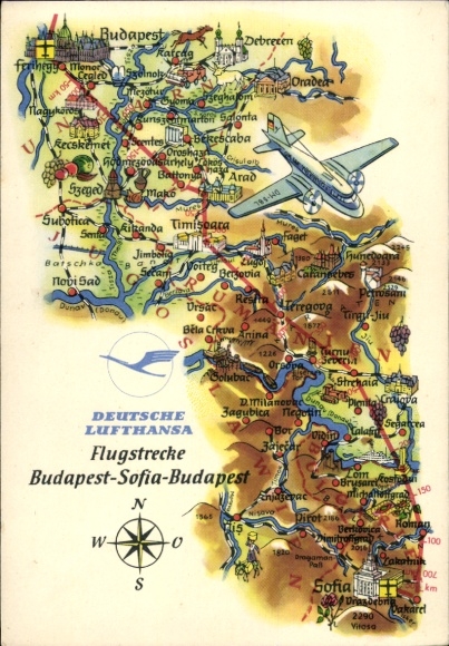 Landkarten Ak Deutsche Lufthansa, Werbung, Flugstrecke Budapest Sofia