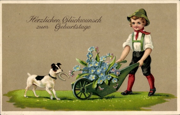 Ak Glückwunsch Geburtstag, Junge, Schubkarre, Hund, Hufeisen