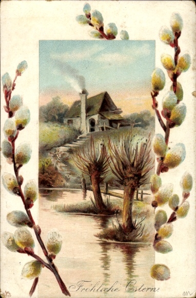 Künstler Ak Glückwunsch Ostern, Weidenkätzchen, Haus