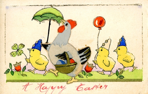 Glitzer Ak Glückwunsch Ostern, Küken, Henne, Glücksklee