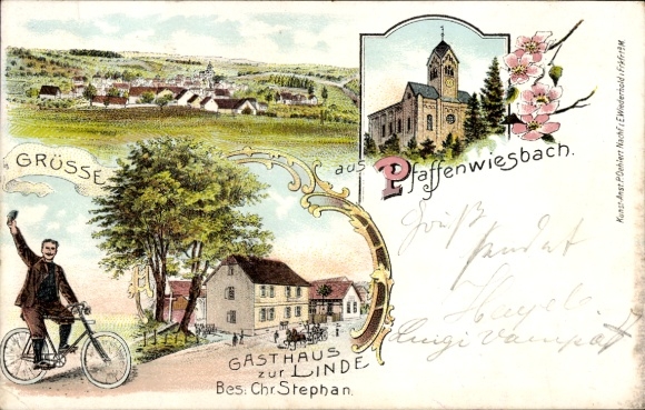 Litho Pfaffenwiesbach Wehrheim im Taunus Hessen, Radfahrer, Kirche, Gasthaus zur Linde