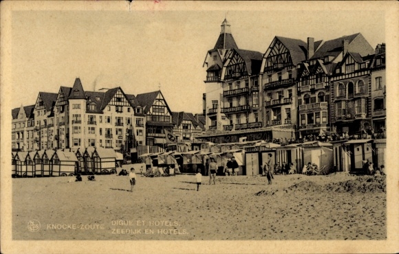Ak Zoute Knokke Heist Westflandern,  Digue et Hotels, Zeedijk en Hotels, Strand, Gebäude