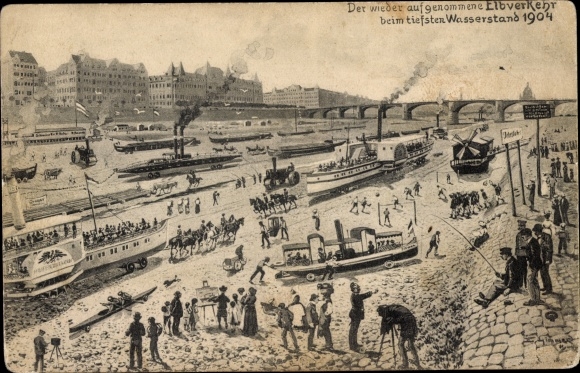 Künstler Ak Dresden Altstadt, Wiederaufnahme des Schiffsverkehrs in der ausgetrockneten Elbe 1904