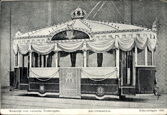 Ak Scheveningen 1908, Salonwagen, Wedstrijd voor versierde Tramwagens