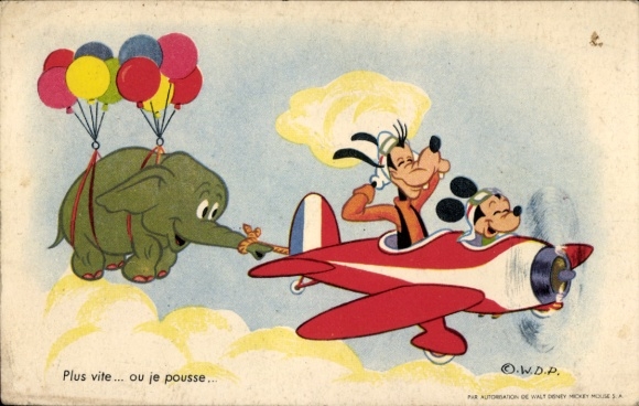 Künstler Ak Walt Disney, Comic, Mickey Maus, Goofy, Elefant fliegt mit Luftballons