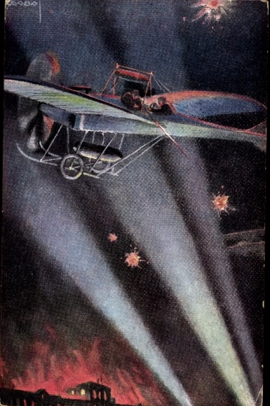 Künstler Ak Usabal, L., Flugzeug durch Schweinwerfer entdeckt