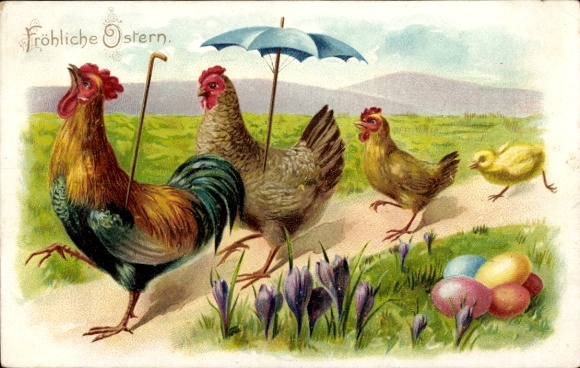 Präge Litho Glückwunsch Ostern, Hahn und zwei Hühner mit Küken, Ostereier