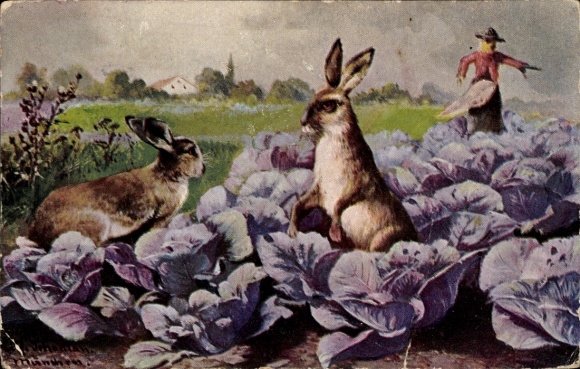 Künstler Ak Hasen im Garten, Gemüse, Vogelscheuche