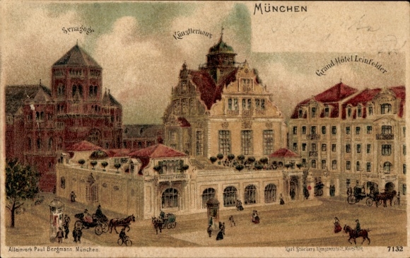 Judaika Litho München Bayern, Synagoge, Künstlerhaus, Grand Hotel Leinfelder