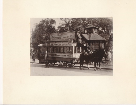 Foto Hamburg Mitte, Steintor, Pferdebahn, Wagendeckreklame J.H. Lange