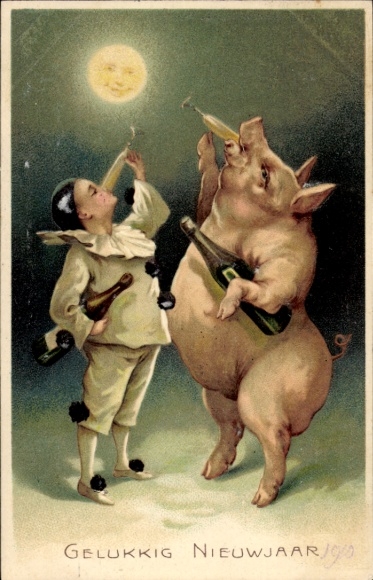Präge Litho Fröhliches Neujahr, Schwein und Pierrot trinken Sekt, Mondgesicht