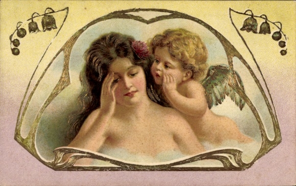 Präge Ak Engel flüstert einer Frau ins Ohr