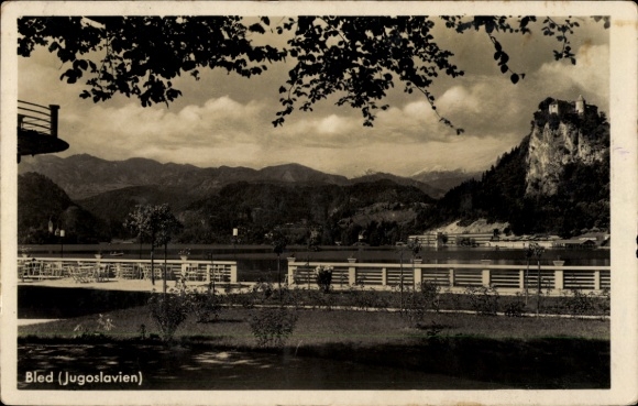 Ak Bled Veldes Slowenien, Blick auf  See-Insel, Triglav, Schloss, Berge