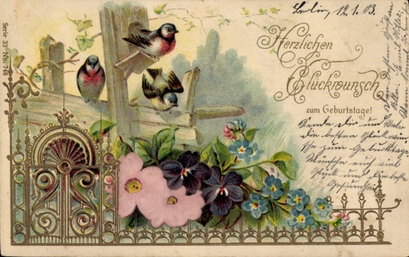 Litho Glückwunsch Geburtstag, Vögel, Blumen