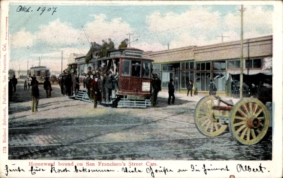 Ak San Francisco Kalifornien USA, überfüllte Straßenbahn, Passagiere auf dem Heimweg