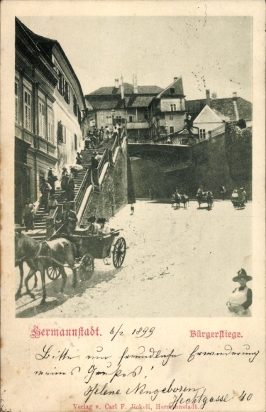 Ak Sibiu Nagyszeben Hermannstadt Rumänien,  Bürgerfliege, Pferdewagen, Treppe, Menschen