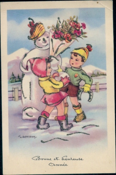 Glitzer Künstler Ak Gougeon, Glückwunsch Neujahr, Kinder, Schneemann, Hufeisen