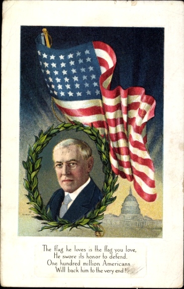Ak Präsident der USA Woodrow Wilson, Portrait, Flagge