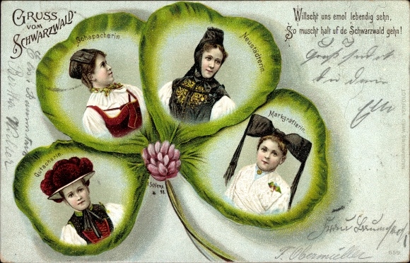 Kleeblatt Litho Gruß aus dem Schwarzwald, Volkstrachten, Neustädterin, Markgräflerin, Gutacherin