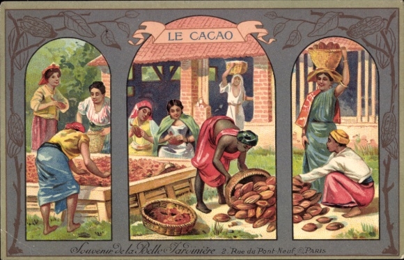 Ak Le Cacao, Souvenir des schönen Gärtners, Kakaoernte, Rue du Pont Neuf, Paris