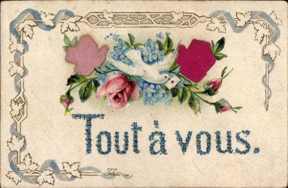 Präge Material Ak Blumen, Taube, Rosen, Vergissmeinnicht