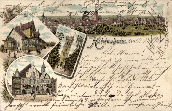 Litho Hildesheim in Niedersachsen, Gasthaus auf dem Galgenberg, Aussichtsturm, Rathaus, Panorama