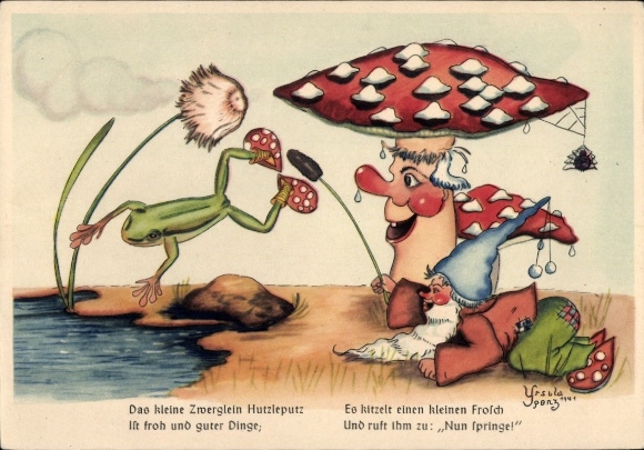 Künstler Ak Ursula Spenz, Das kleine Zwerglein Hutzleputz, Fliegenpilz, Frosch