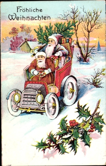 Ak Frohe Weihnachten, Weihnachtsmänner im Automobil, Tannenbaum, Stechpalmenzweig