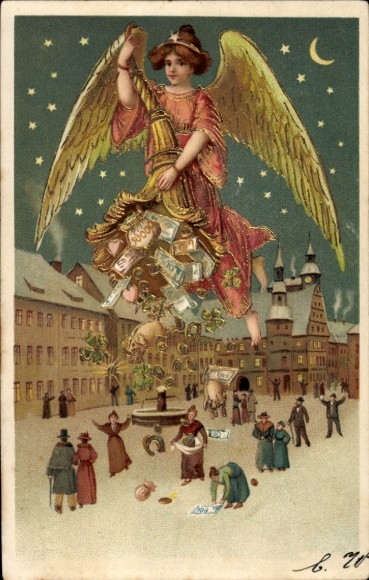 Präge Ak Engel mit Füllhorn, Geld, Schweine, Kleeblätter