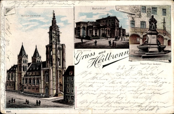 Litho Heilbronn am Neckar, Kilianskirche, Bahnhof, Robert Mayer Denkmal