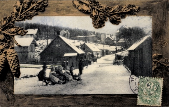 Passepartout Ak Wintersport, Schlittenfahrer auf einer Dorfstraße