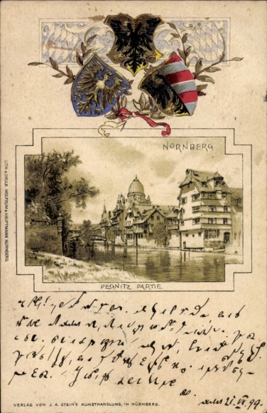 Präge Wappen Passepartout Litho Nürnberg in Mittelfranken, Pegnitz, Synagoge