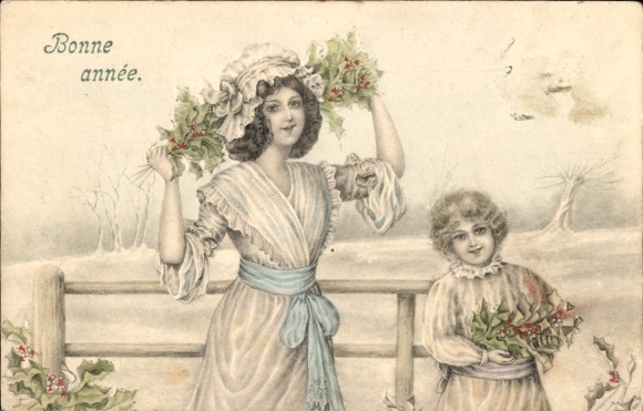 Künstler Ak Glückwunsch Neujahr, Frau, Kind