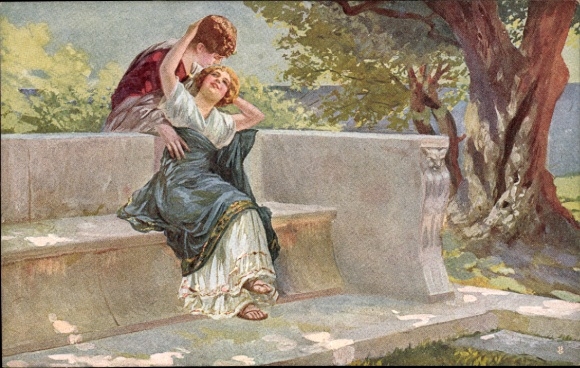 Künstler Ak Liebespaar in antiken Gewändern, Steinbank