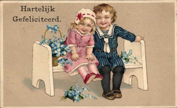 Glückwunsch Ak Kinder auf der Bank sitzend, Veilchen