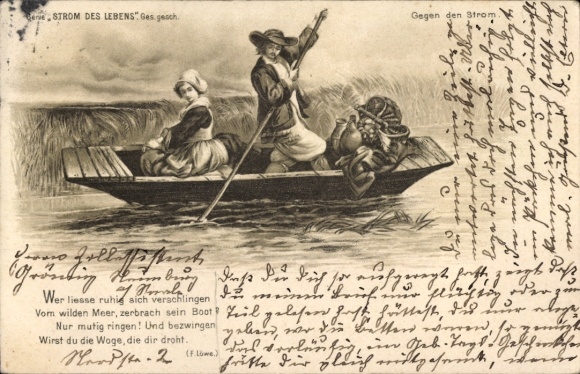 Litho Mann und Frau in einem Boot auf einem Fluss, Gegen des Strom