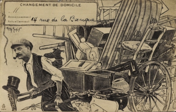 Ak Mann zieht um, Möbel, Fuhrwerk, Pfeife