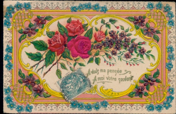 Präge Material Ak Blumen, Rosen, Vergissmeinnicht