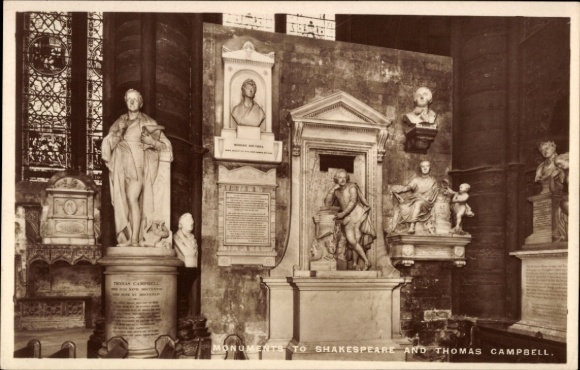Ak City of Westminster London England, Monumente für Shakespeare, Thomas Campbell, Westminster Ab
