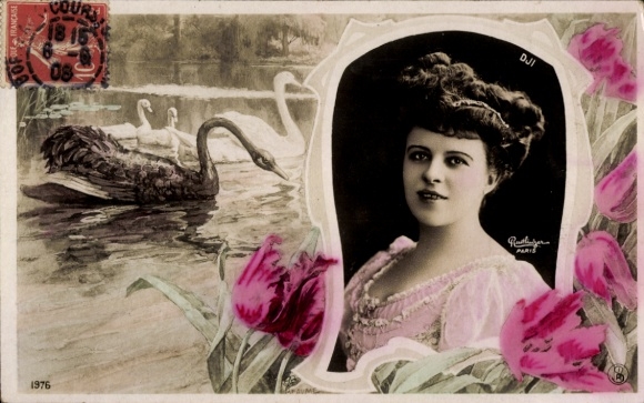 Ak Porträt einer jungen Frau, Blumen, Schwäne